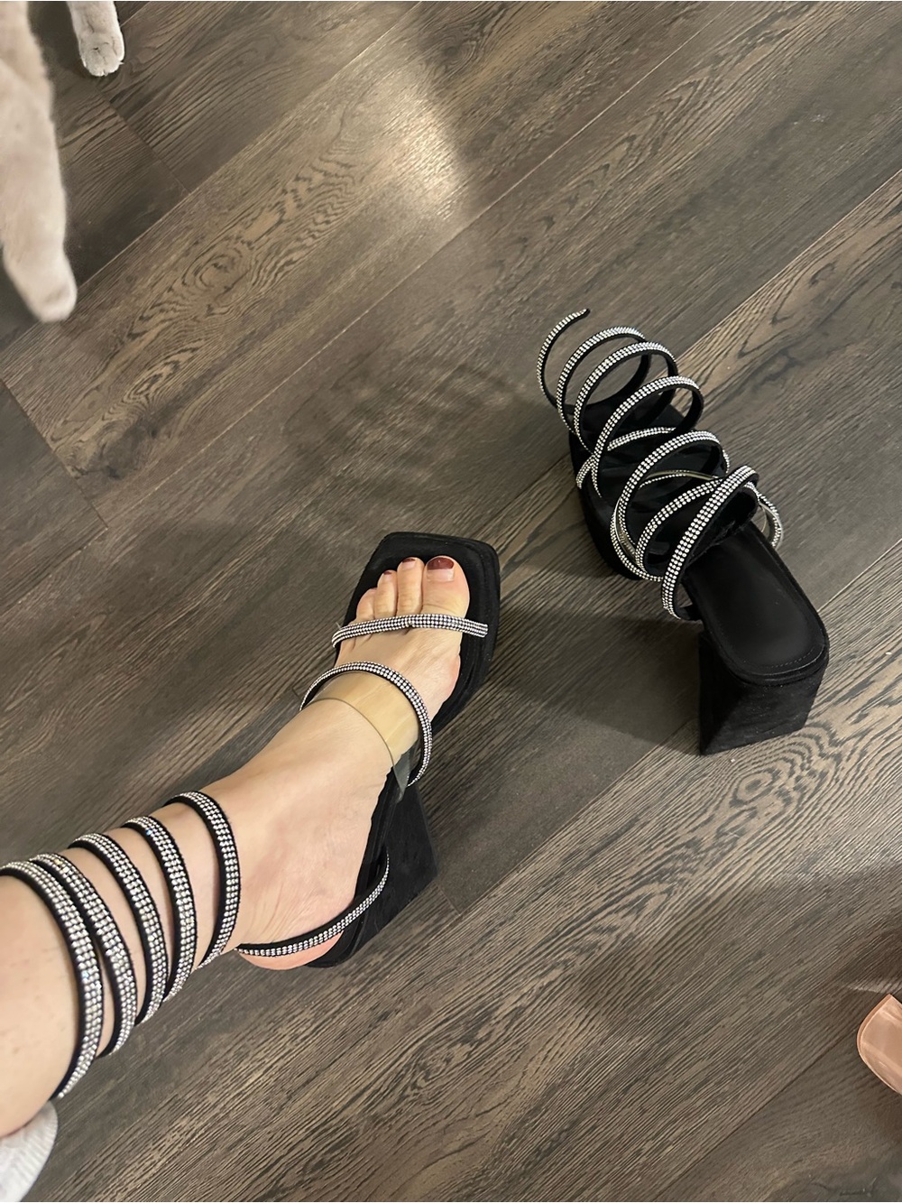 Brand New Strappy Black Rhinestone Wrap Heel Sandals